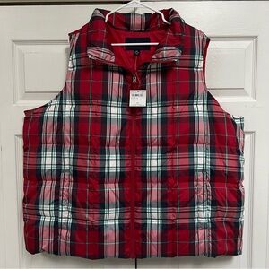 Land’s End Plus Size 3X Down Feather Red Tartan Plaid Puffer Vest